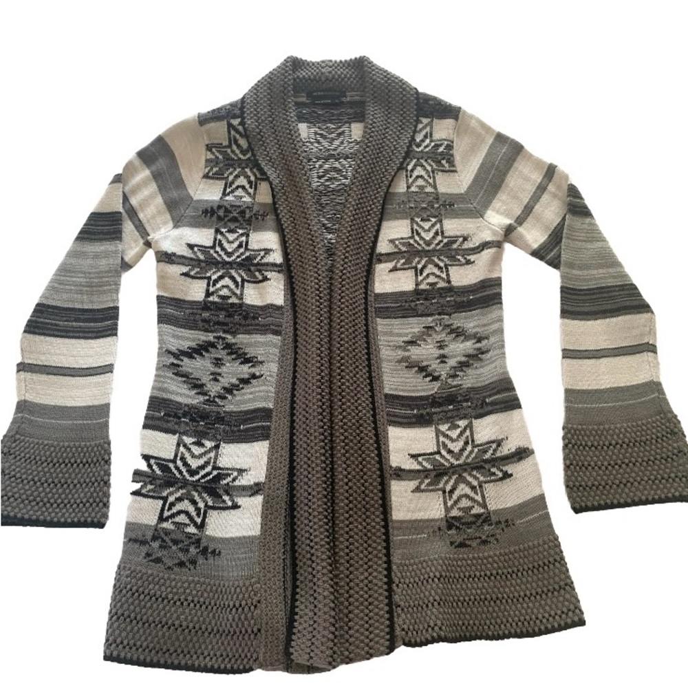 BCBG Max Azria Sz XL Snowflake Geometric Open Front Cardigan Long Sweater Gray